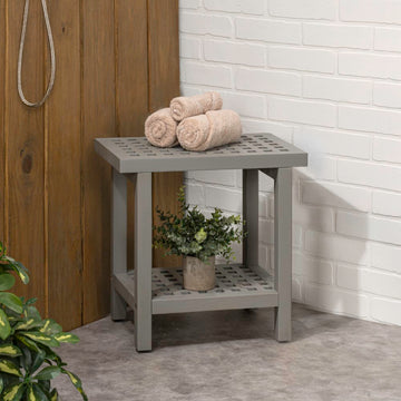 Armin 18.1" Modern Classic Grid Slat Solid Acacia Wood Indoor/Outdoor Shower Stool